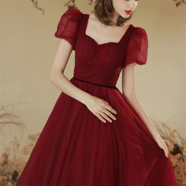 Solid Color Toast Clothing Wine Red Puff Sleeves